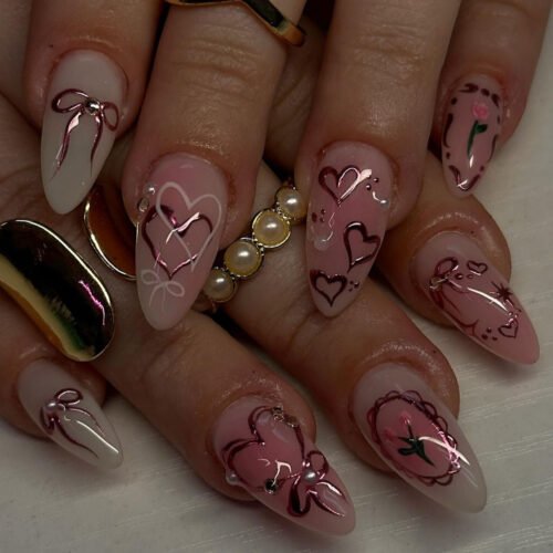 JP3710-Sweet & Sour Almond Press Ons | 3D Hearts & Bows | Reusable Salon-Grade Nails​​  ​​Subtitle:​​ Your Passport to Edgy Feminine Energy - Salon Drama Free