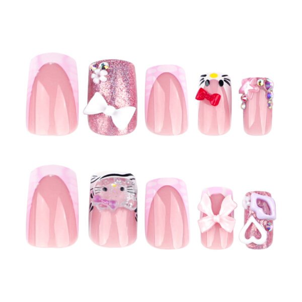 JP3652-Kawaii Meow French Press-Ons: Reusable Pink Cat Nail Set with Bows - Waterproof & Salon-Grade