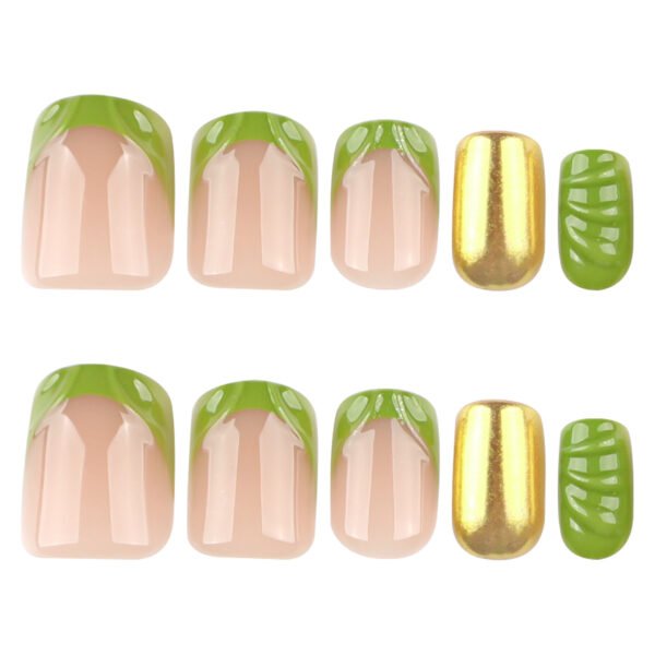 O1CN01TRUAWI2NGHz5fgr4s_!!4234819935-0-cib JP3992-Fresh Green French Press-Ons with Gold Mirror & 3D Accents | Reusable Salon Nails