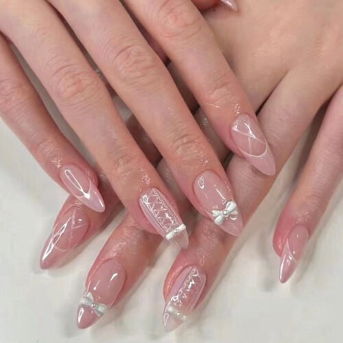 JP3275-Blushing French Almond Nails | Pearl & Pink Bow Press Ons - Sweetheart Reusable Manicure (Waterproof)​​  ​​Subtitle:​​ Your Instant Pretty-Girl Aesthetic ✨ - 8 Min Salon-Grade Cuteness Without Appointment Jail!  (Hero image: Soft-focus shot of nails on hands holding pastel macarons/strawberry)