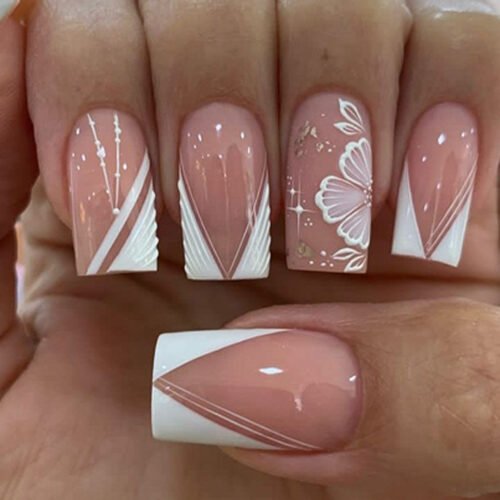 JP3765-Summer’s Secret: Effortless French Tip Press-Ons with 3D Florals & Waterproof Freedom​