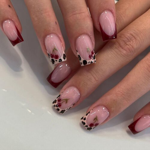JP3670-Scarlet Snow French Press-Ons: Winter-Ready Leopard Nails with Cherry Glaze | Waterproof & Reusable