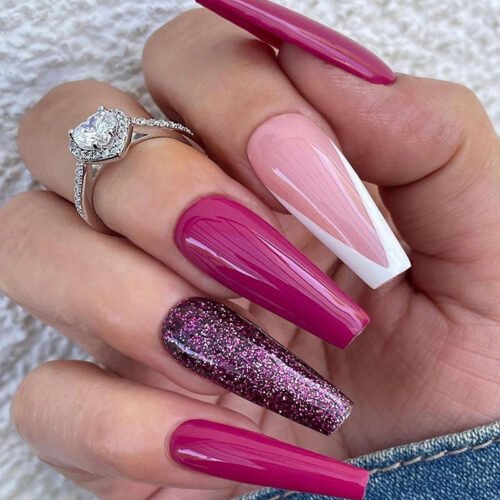 JP1454-Slay the French Tip Game: Plum & Glitter Reusable Almond False Nails | Effortless Salon Glam