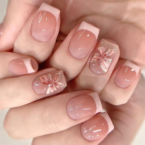 JL0685-Soft French Press On Nails | Reusable 3D Blossom Elegance Short Square Salon Glam in 90 Seconds – Waterproof & Snag-Free