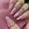 JP3287-Sun-Kissed Garden Reusable Press-On Nails​​ French Tip Short Almond Nails with 3D Bees & Starburst Blooms — Summer’s Sweetest Salon Escape