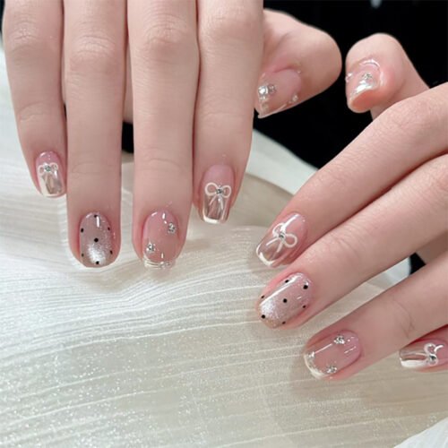 JL0683-Instantly Polished: Short Square Polka Dot & Cat Eye Nails with Glitter Bows (Reusable & Waterproof)