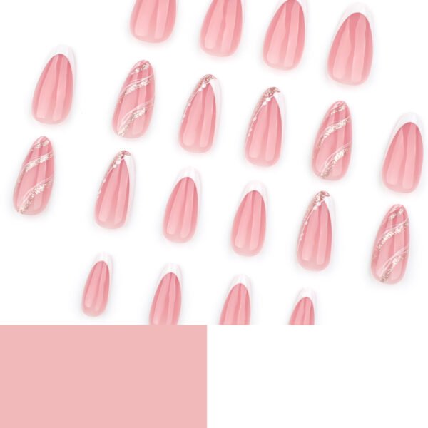 JP3754-Tidal Elegance: Reusable Pearl French Almond Nails w/ Silver Wave Lines​​ Salon-Worthy Minimalism — Apply Faster Than Pouring Champagne