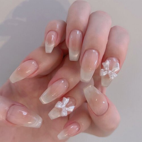 JP3606-Blush Whisper Ballet Nails: Reusable Cat-Eye French with 3D Bows | Waterproof Sweet Luxury