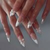 JP3742-French Almond Bow Nails | 3D White Bow Press Ons | Reusable Salon-Grade Manicure​