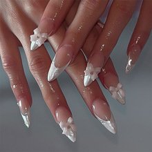 JP3742-French Almond Bow Nails | 3D White Bow Press Ons | Reusable Salon-Grade Manicure​