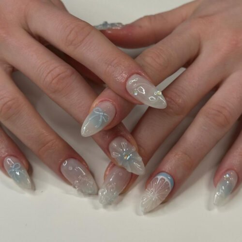 ​JP3425-Azure Dreams: Reusable French Blue Ombré Almond Nails w/ 3D Lemons & Bows​​ (Salon-Grade Fantasy – Zero Hassle)