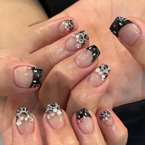 JP3595-​​Rebel French Tips: Ballet-Length Press-Ons with Leopard Spark & Salon-Free Swagger​
