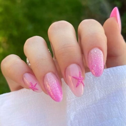 JP3946-Sweet French Press On Nails | Rose Pink Almond Shorties w/ Star Accents Reusable Salon Glam in 10 Seconds - Waterproof & Damage-Free