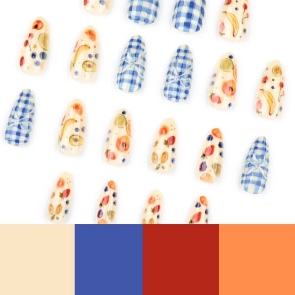 O1CN01XzGM6k2NGHyJOtB0P_!!4234819935-0-cib JP3887-Sunny Picnic Fingertips: Short Almond Fruit & Gingham Nails (Reusable + Waterproof!)