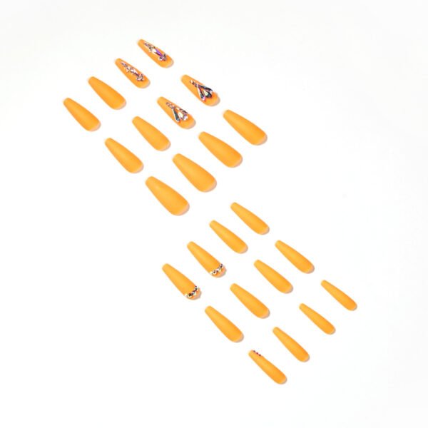 JP1313-Sunset Glam at Your Fingertips: Extra Long Reusable Coffin Press Ons - Vibrant Orange French Tip with Diamonds