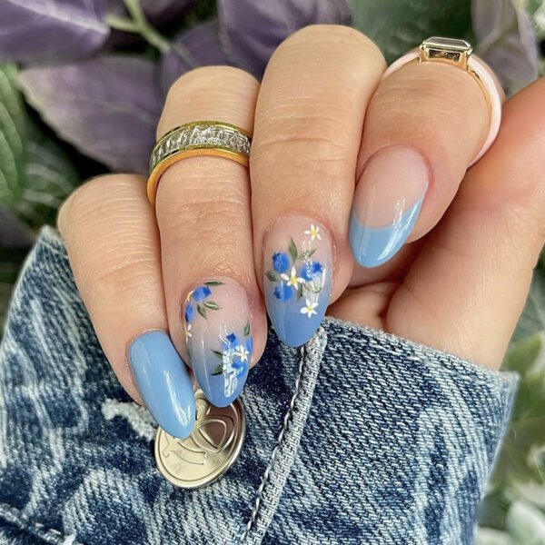 JP3610-✨ ​​Ocean Whispers: Reusable Blue Ombré French Nails w/ Daisy Accents​​ Salon-Grade Serenity, No Appointment Needed