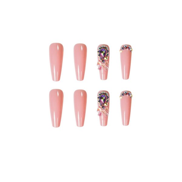 JP1309-Be the Belle of Every Ball: Extra Long Reusable T-Shape Press-Ons - Full Glam French Tip w/ Diamonds & 3D Bow