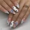 JP3822-Blueberry Breeze French Press-Ons: Crunchy Blue Dips & 3D Bows ✧​​ Waterproof for 2 weeks - Replay your vacation vibes. Salon price? Just iced coffee change.
