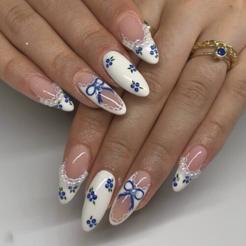 JP3822-Blueberry Breeze French Press-Ons: Crunchy Blue Dips & 3D Bows ✧​​ Waterproof for 2 weeks - Replay your vacation vibes. Salon price? Just iced coffee change.
