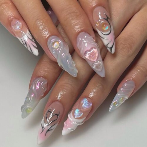 JP2950🍑 ​​Peach Mermaid Kisses: 3D Heart & Caviar Bead French Press Ons (Salon Smasher) - Waterproof & Reusable  💖 ​​​​ TikTok’s Obsession: 2-Minute Underwater Fairycore for Pool Parties & Summer Flings