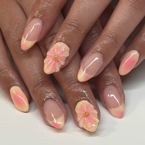 JP3949-BLUSH MELT BLOSSOMS: Reusable Sweet-Core Almonds | Effortless 3D Floral French Tips ​​Salon Florals Cracking? Wear Liquid Sunshine.​