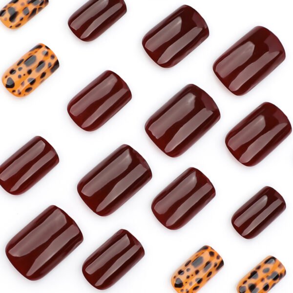 JP3603-Maillard Fall Press On Nails: Burgundy, Leopard & Square French Tips - Reusable Luxury ​​Embrace Autumn’s Edge: Salon-Worthy Style in Minutes, Not Hours.​