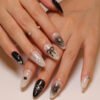JP3399-Black Magic Rebellion: Reusable Gothic Ombré Almond Nails w/ 3D Bows & Silver Stars​​ Salon-Quality Edge Without the Commitment or Cost