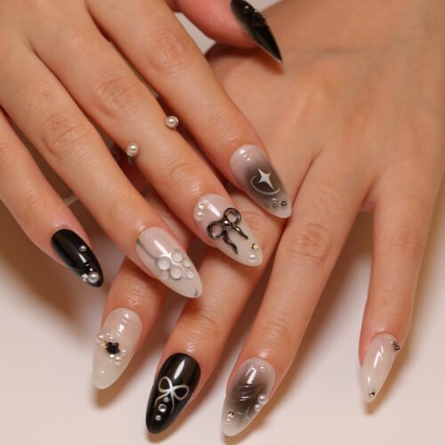 JP3399-Black Magic Rebellion: Reusable Gothic Ombré Almond Nails w/ 3D Bows & Silver Stars​​ Salon-Quality Edge Without the Commitment or Cost
