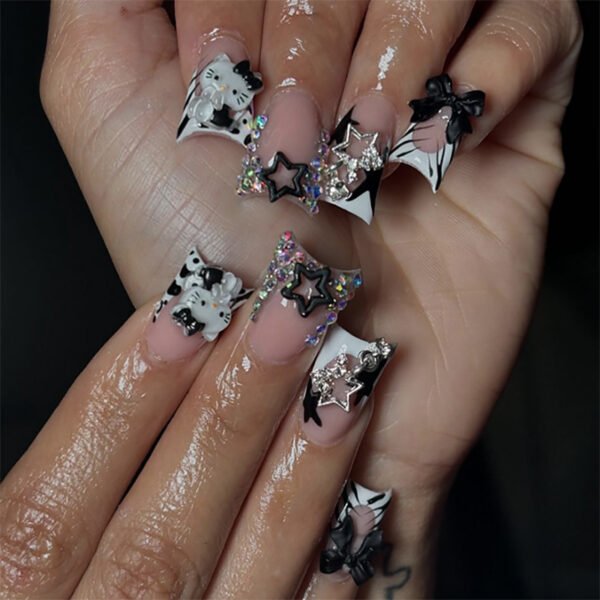 JP3651-Reusable French Press On Nails | Zebra Print & Crystal Stars w/ Detachable Bow Salon-Worthy Manicures in 5 Minutes - Waterproof & Damage-Free
