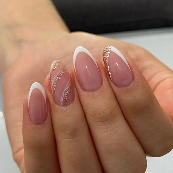 JP3754-Tidal Elegance: Reusable Pearl French Almond Nails w/ Silver Wave Lines​​ Salon-Worthy Minimalism — Apply Faster Than Pouring Champagne