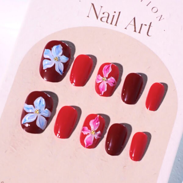 JL0676-Velvet Wine Press On Nails | 3D Rose Shorties Salon-Worthy Florals - Reusable & Kind to Nails