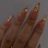 JP3323-Ethereal Glow Reusable Press-On Nails: Rosé Aurora French Tips​​ Pure Radiance Short Almond Nails – 24K Gold Glitter to Blushing Diamond Gradient
