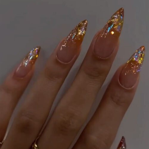 JP3323-Ethereal Glow Reusable Press-On Nails: Rosé Aurora French Tips​​ Pure Radiance Short Almond Nails – 24K Gold Glitter to Blushing Diamond Gradient