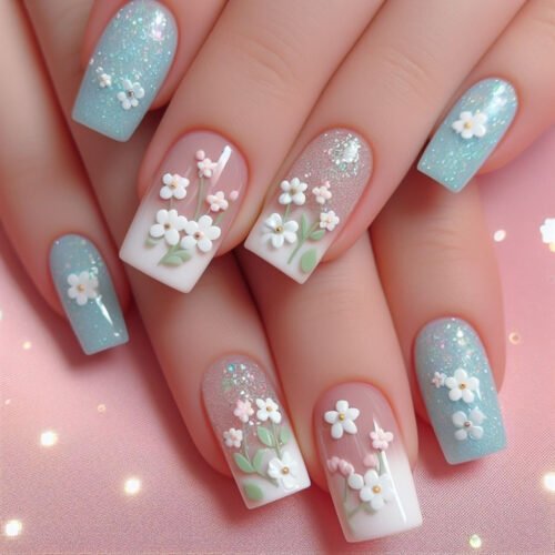 JP3945-Ethereal French Ombré Press-Ons with 3D Florals | Medium-Length Salon Nails​