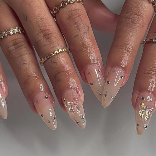 JP2417-Crystalline French Tip Press On Nails: Icy Bows, Silver Stardust & Waterproof Magic – Your Secret to Effortless Luxe​​  (Salon-Worthy Nails, Minus the Drama. Be Dazzling in 5 Minutes Flat!)