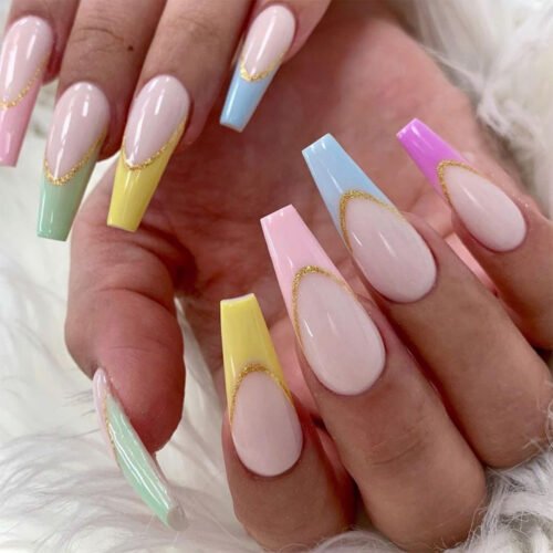 JP1119-Dazzling French Tip Ballet Press-On Nails: Waterproof, Reusable & Rainbow Accented Elegance for Effortless Glam​​  (Perfect for dancers, on-the-go professionals & fashion-forward souls craving runway-ready nails in minutes)