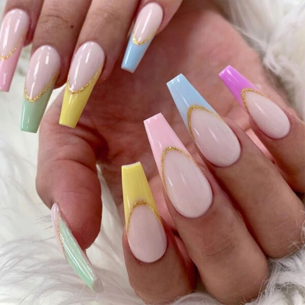 JP1119-Dazzling French Tip Ballet Press-On Nails: Waterproof, Reusable & Rainbow Accented Elegance for Effortless Glam​​  (Perfect for dancers, on-the-go professionals & fashion-forward souls craving runway-ready nails in minutes)