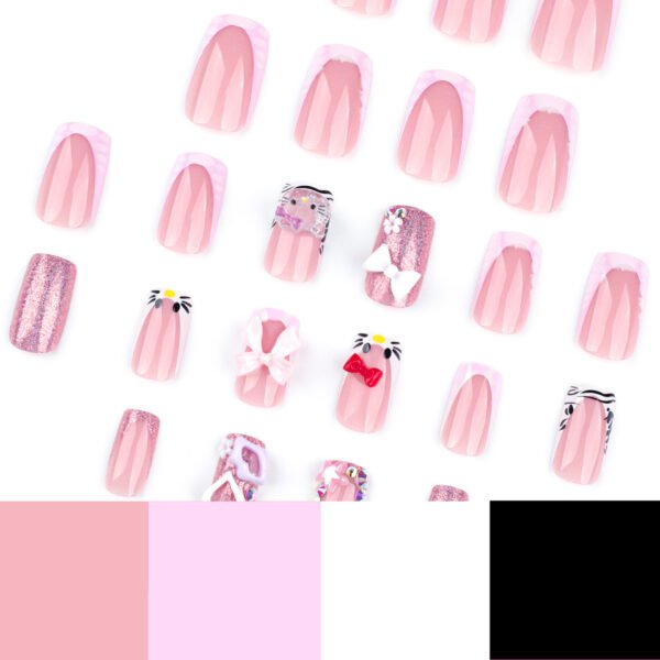 JP3652-Kawaii Meow French Press-Ons: Reusable Pink Cat Nail Set with Bows - Waterproof & Salon-Grade