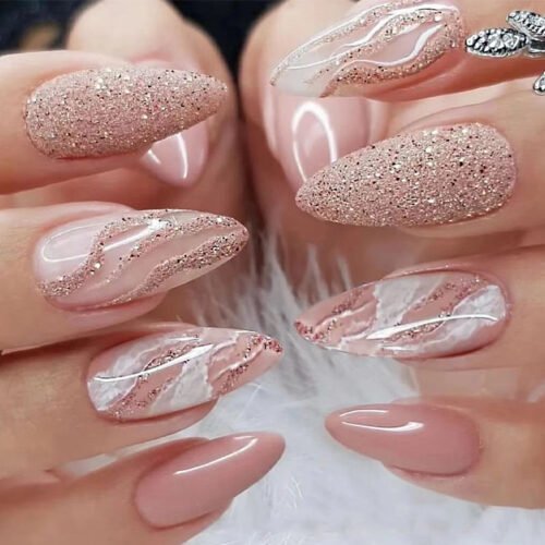 JP2362-Nude French Almond Press Ons with Rose Gold Sparkle ✨ Salon Glam in 5 Minutes, Zero Damage | Reusable & Waterproof​​  (For the Woman Who Demands Effortless Elegance. Nails That Kiss Light, Not Your Wallet.)