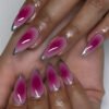 ​JP3565-Magenta Mirage Reusable Press-On Nails​​ French Ombré Almond Tips with Floating Silver Hoops – Waterproof Glam That Outlasts Salons