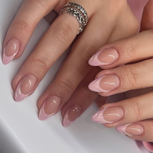 JP3390-Effortless Chic: Reusable Pink French Almond Nails w/ Subtle 3D Blossoms​​ (Salon Precision Meets Morning Rush Reality)