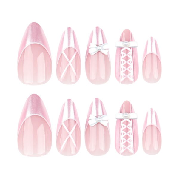 JP3275-Blushing French Almond Nails | Pearl & Pink Bow Press Ons - Sweetheart Reusable Manicure (Waterproof)​​  ​​Subtitle:​​ Your Instant Pretty-Girl Aesthetic ✨ - 8 Min Salon-Grade Cuteness Without Appointment Jail!  (Hero image: Soft-focus shot of nails on hands holding pastel macarons/strawberry)