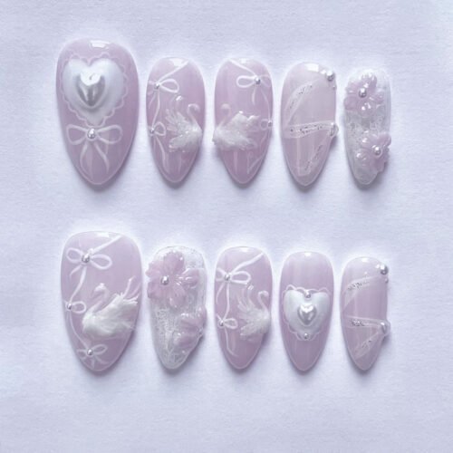 JP3886-Luxury French Manicure Press Ons | Reusable 3D Swan & Bow Designs (Short Almond)