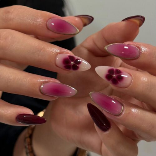 JP3826-🌸✨ Watercolor Garden Magic: French Almond Press-Ons with Floral Ombré ✨🌸 Salon-Grade Beauty, Zero Salon Drama