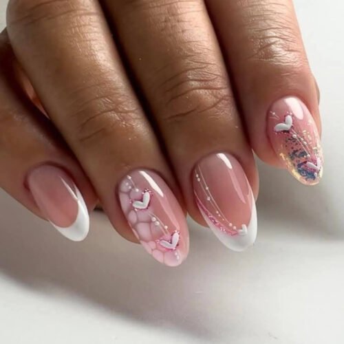 JP3869-Nordic Kiss French Almond Nails | 3D Heart Tip Press Ons | Waterproof Reusable Minimalist Manicure​​  ​​Subtitle:​​ Where Parisian Chic Meets Stockholm Minimalism – Zero Salon Damage