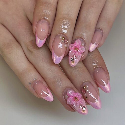 JP3925-Parisian Daydream Press-Ons: 3D Pearl Bloom French Almonds | Effortless Balletcore Luxury ​​Chained to Salon Chair Fluffiness? Escape in 8 Minutes.​