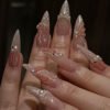 ​​JP3433-Mermaid Dream 3D French Almond Press-On Nails​​ Short Mermaid Tail Nails with Pearl & Diamonds – Salon-Quality 3D Art Without Salon Prices