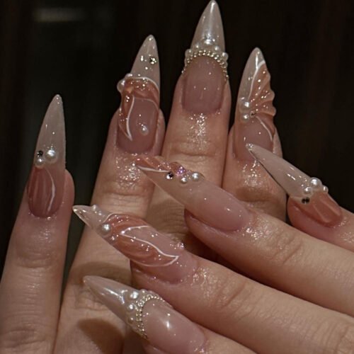​​JP3433-Mermaid Dream 3D French Almond Press-On Nails​​ Short Mermaid Tail Nails with Pearl & Diamonds – Salon-Quality 3D Art Without Salon Prices