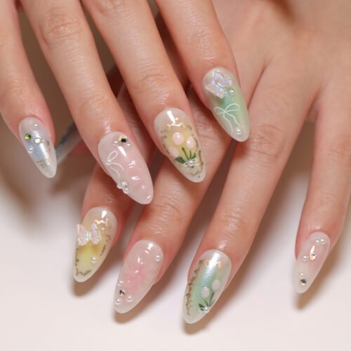 JP3400-✨ Summer Breeze French Almond Press-Ons: Garden Party Magic on Your Fingertips 🌸🦋