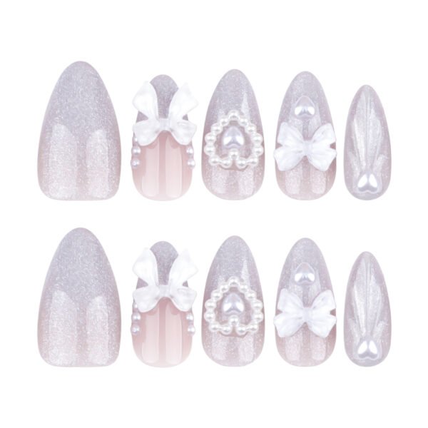 JP3557✨ 3D Fantasy French Toes: Diamond Bows, Pearl Hearts & Cat Eye Dreams (Luxury Almond Press-Ons)
